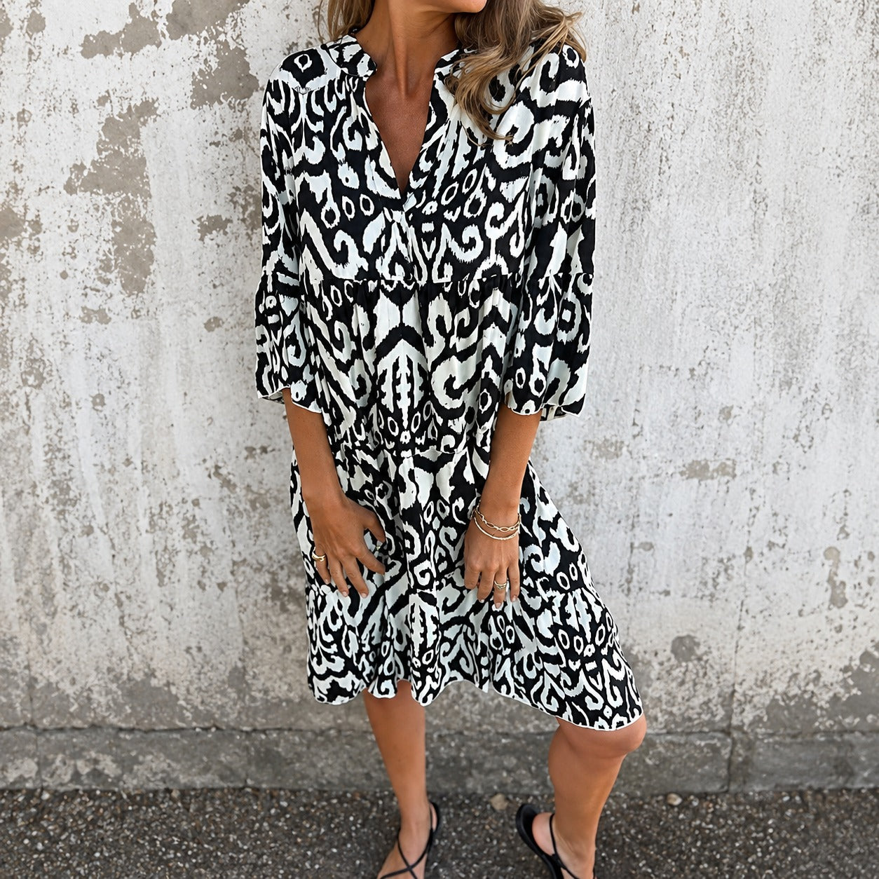 Vestido Amarena™ com Estampa Abstrata Ornamental e Mangas 3/4 / Personalidade Na Medida Certa Para Sair Do Básico