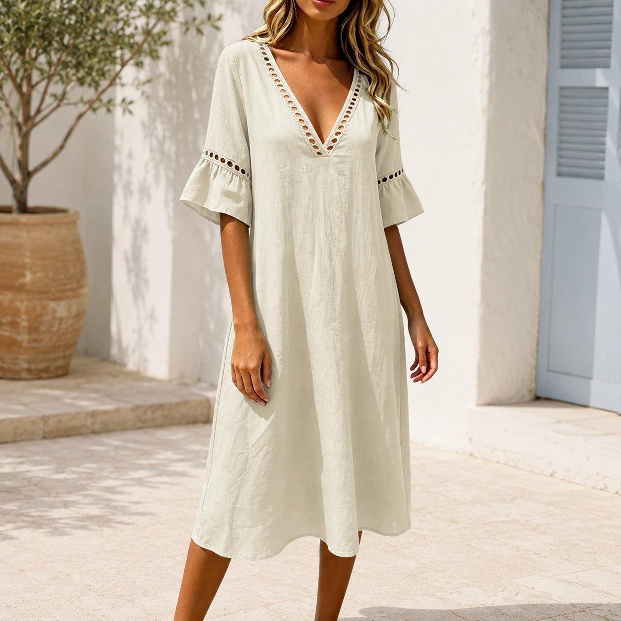 Vestido Ayla™ em Linho de Algodão com Decote em V e Mangas com Babados / Leveza Para Os Dias Quentes Sem Perder A Elegância