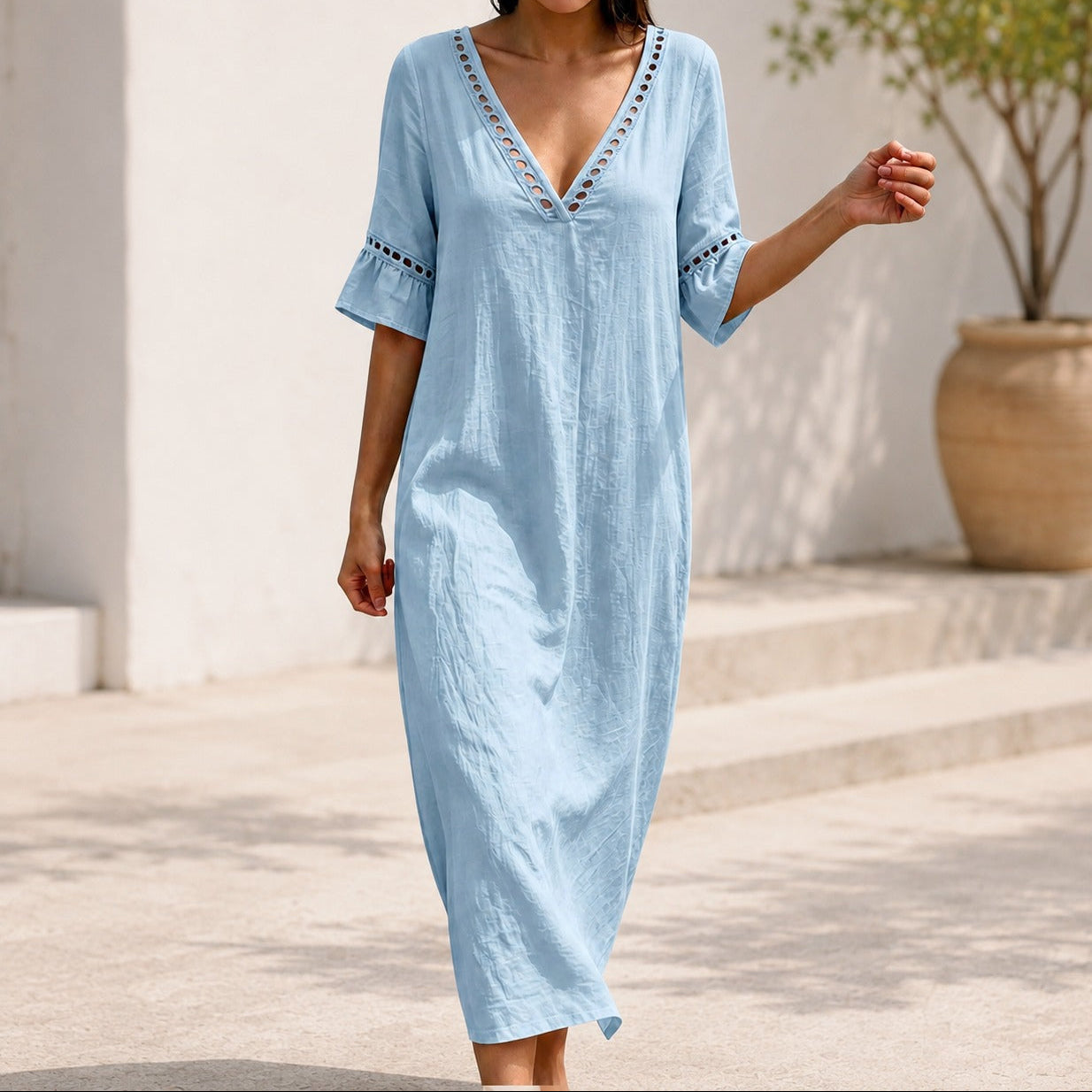 Vestido Ayla™ em Linho de Algodão com Decote em V e Mangas com Babados / Leveza Para Os Dias Quentes Sem Perder A Elegância