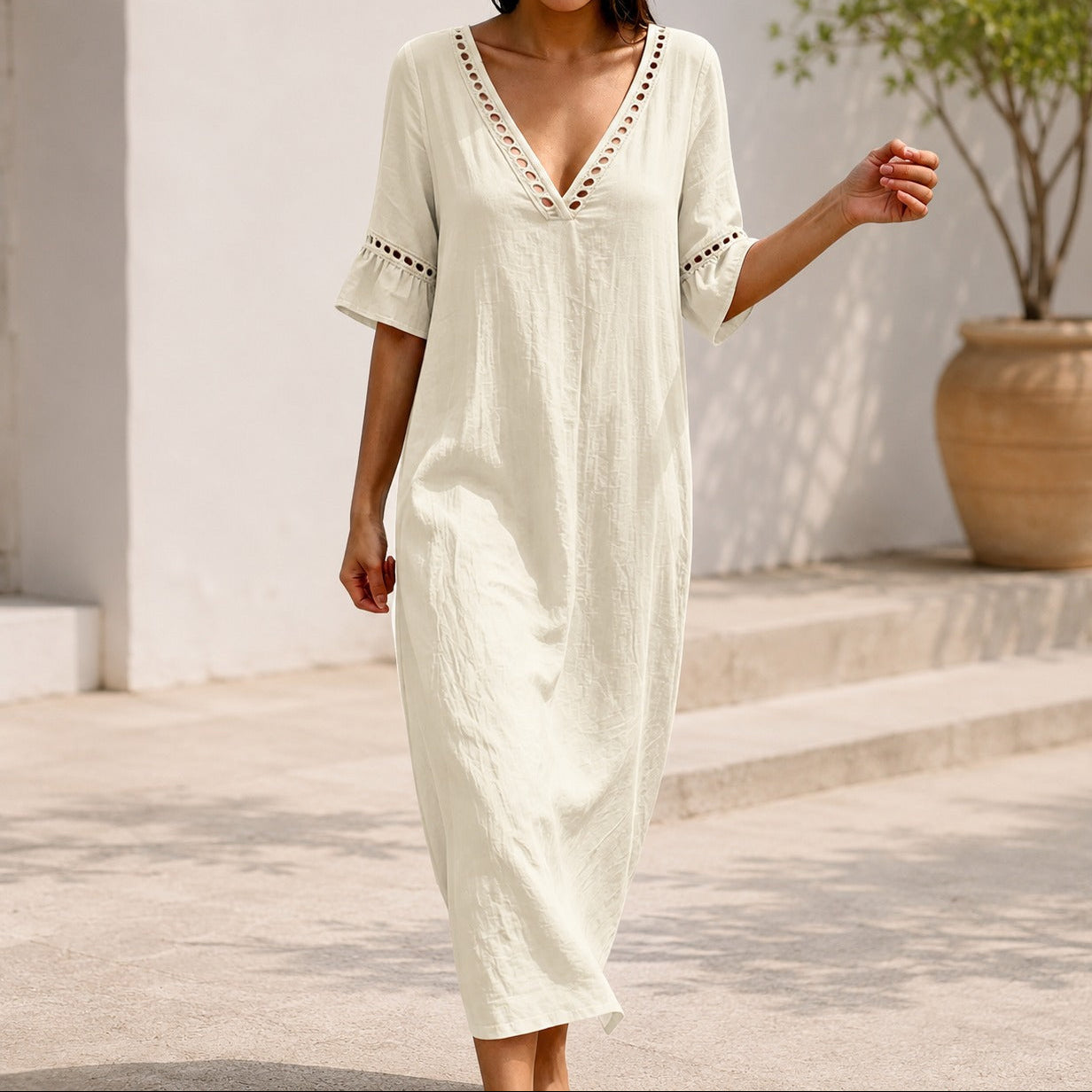 Vestido Ayla™ em Linho de Algodão com Decote em V e Mangas com Babados / Leveza Para Os Dias Quentes Sem Perder A Elegância