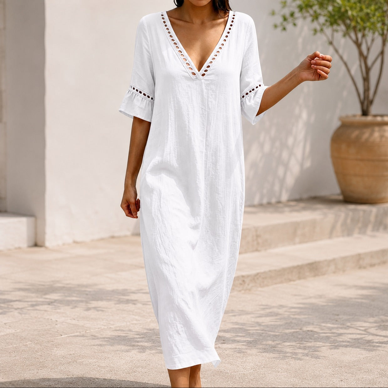 Vestido Ayla™ em Linho de Algodão com Decote em V e Mangas com Babados / Leveza Para Os Dias Quentes Sem Perder A Elegância