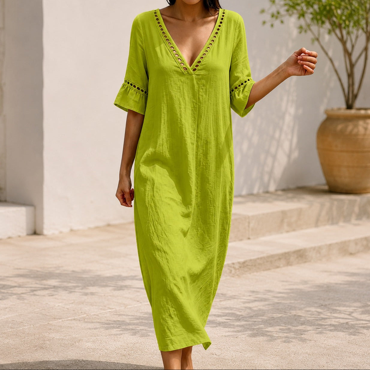 Vestido Ayla™ em Linho de Algodão com Decote em V e Mangas com Babados / Leveza Para Os Dias Quentes Sem Perder A Elegância