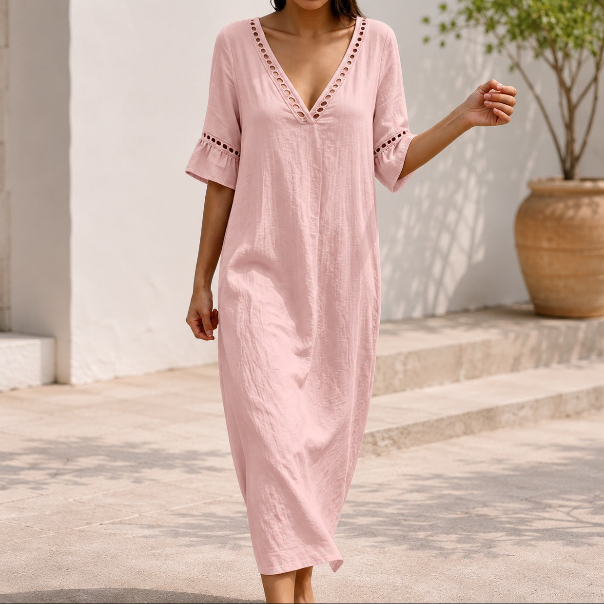 Vestido Ayla™ em Linho de Algodão com Decote em V e Mangas com Babados / Leveza Para Os Dias Quentes Sem Perder A Elegância