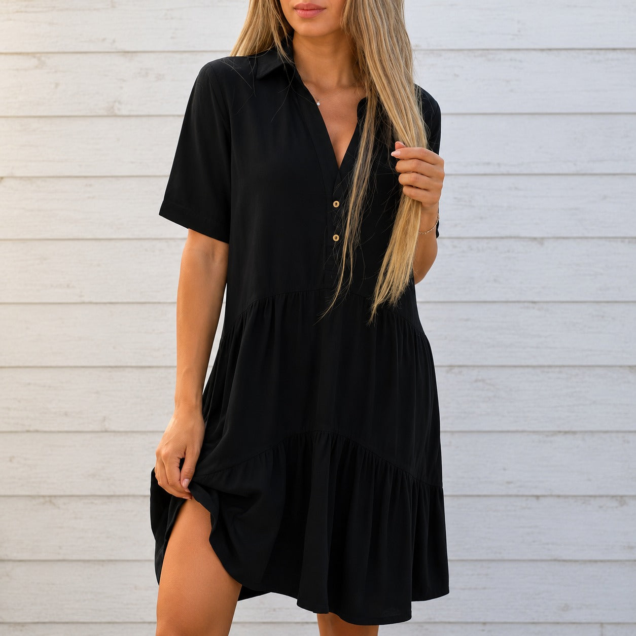 Vestido Fernanda™ em Linho de Algodão com Gola Clássica e Mangas Curtas