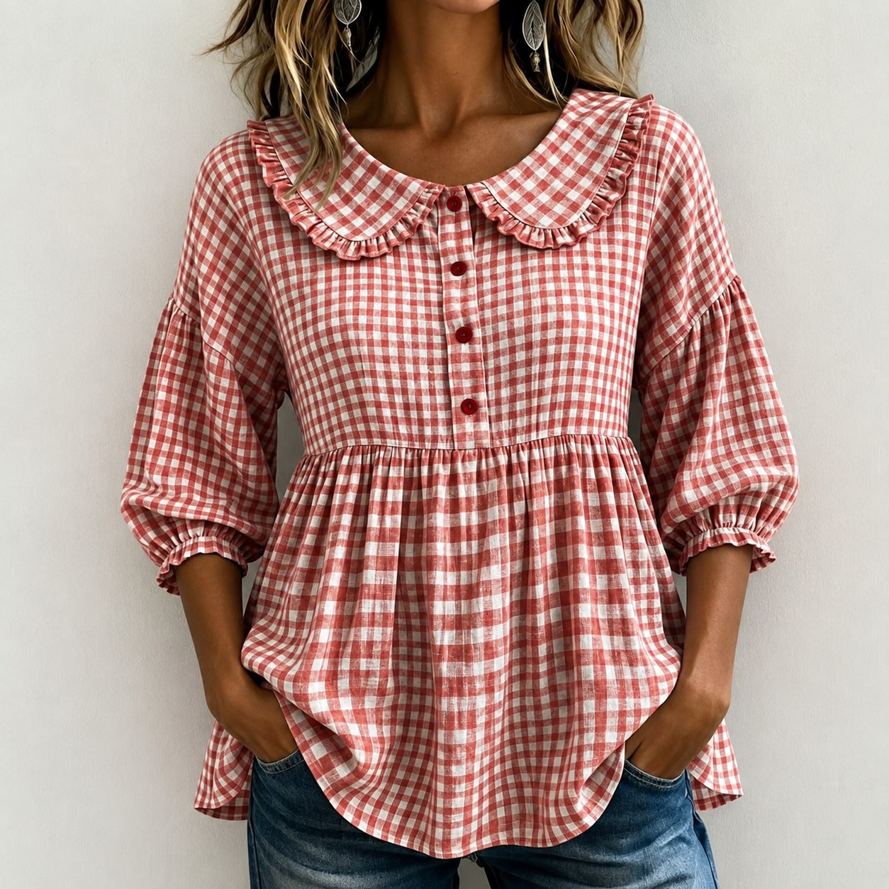 Blusa Mariana™ com Babados na Gola, Xadrez Vichy e Mangas Bufantes