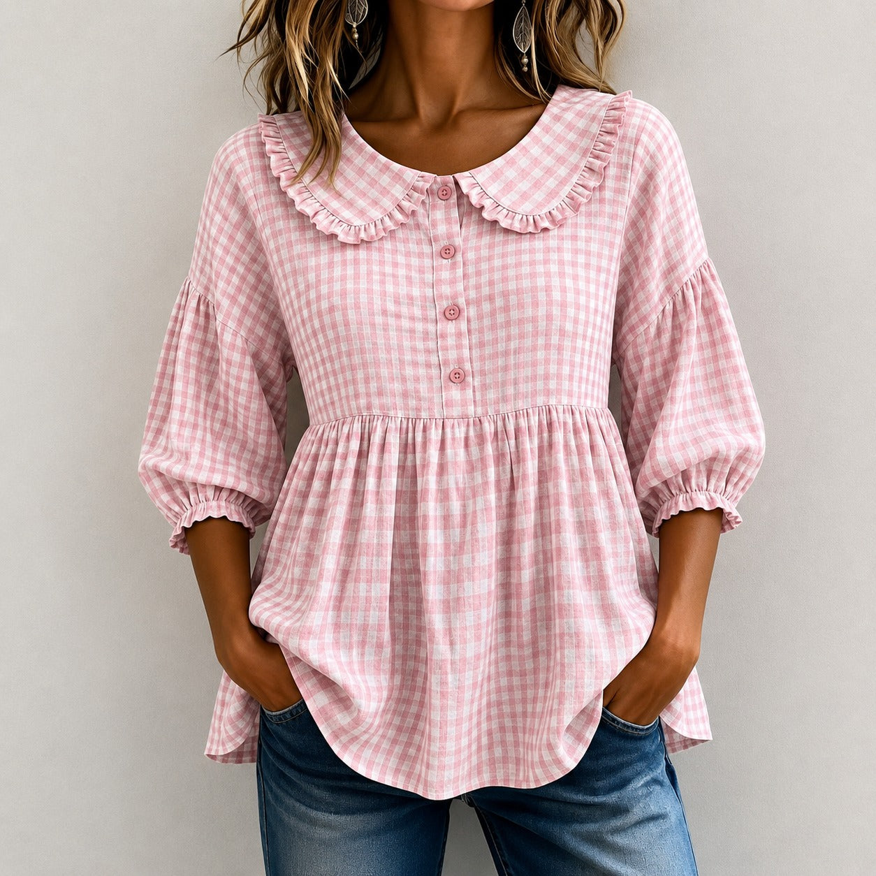 Blusa Mariana™ com Babados na Gola, Xadrez Vichy e Mangas Bufantes