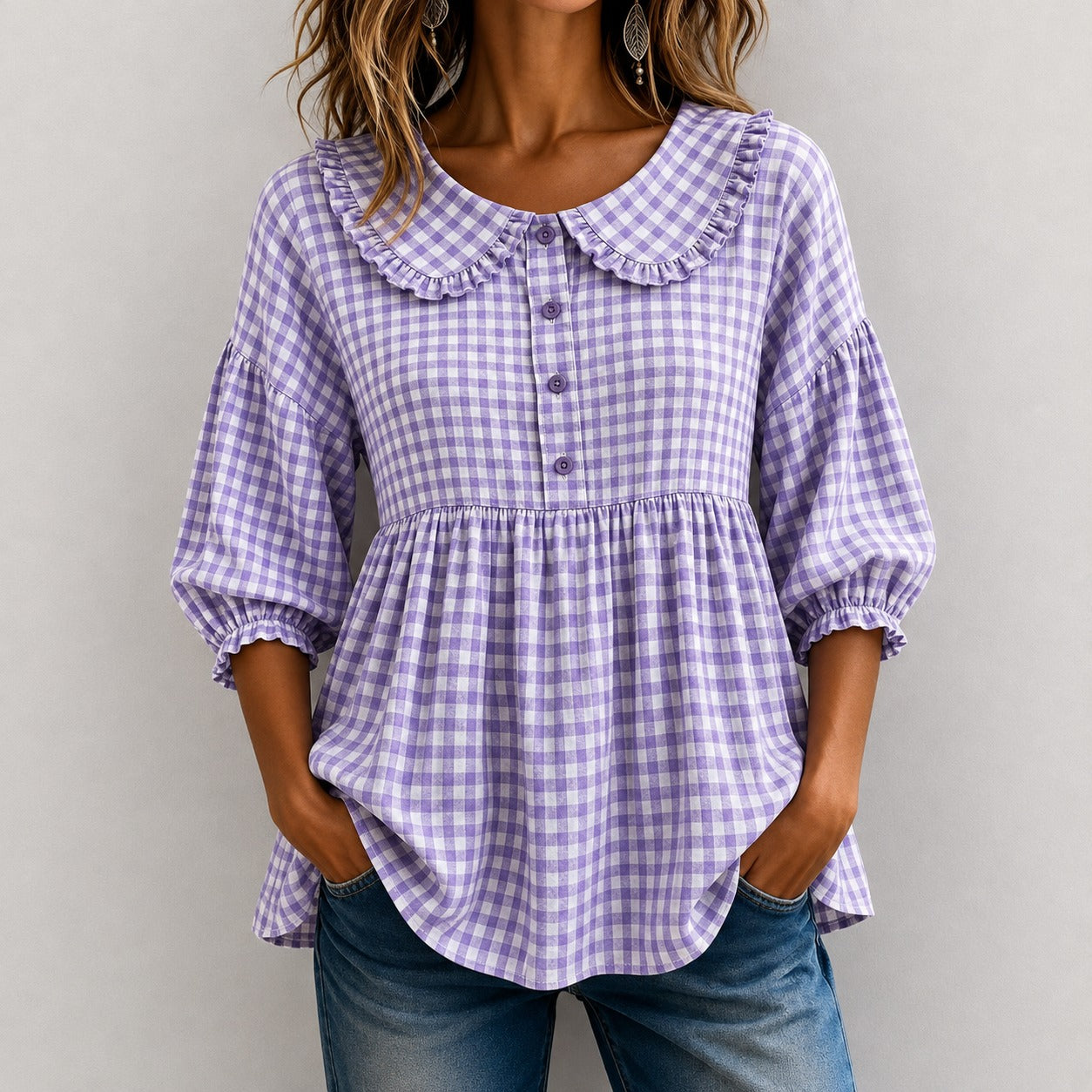 Blusa Mariana™ com Babados na Gola, Xadrez Vichy e Mangas Bufantes