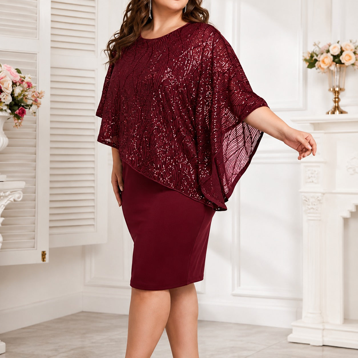 Vestido Midi Liz™ com Sobreposição Assimétrica, Detalhes Brilhantes e Decote Arredondado