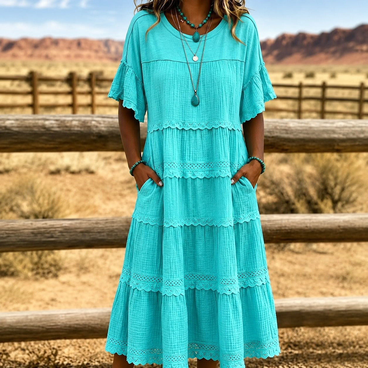 Vestido Adélia™ com Modelagem em Camadas, Renda e Bolsos Laterais