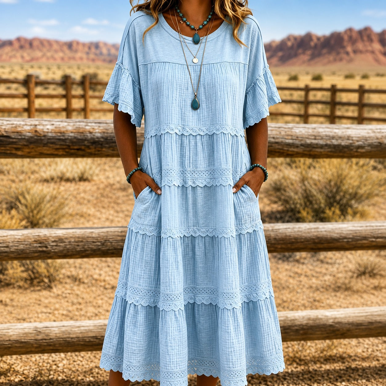 Vestido Adélia™ com Modelagem em Camadas, Renda e Bolsos Laterais