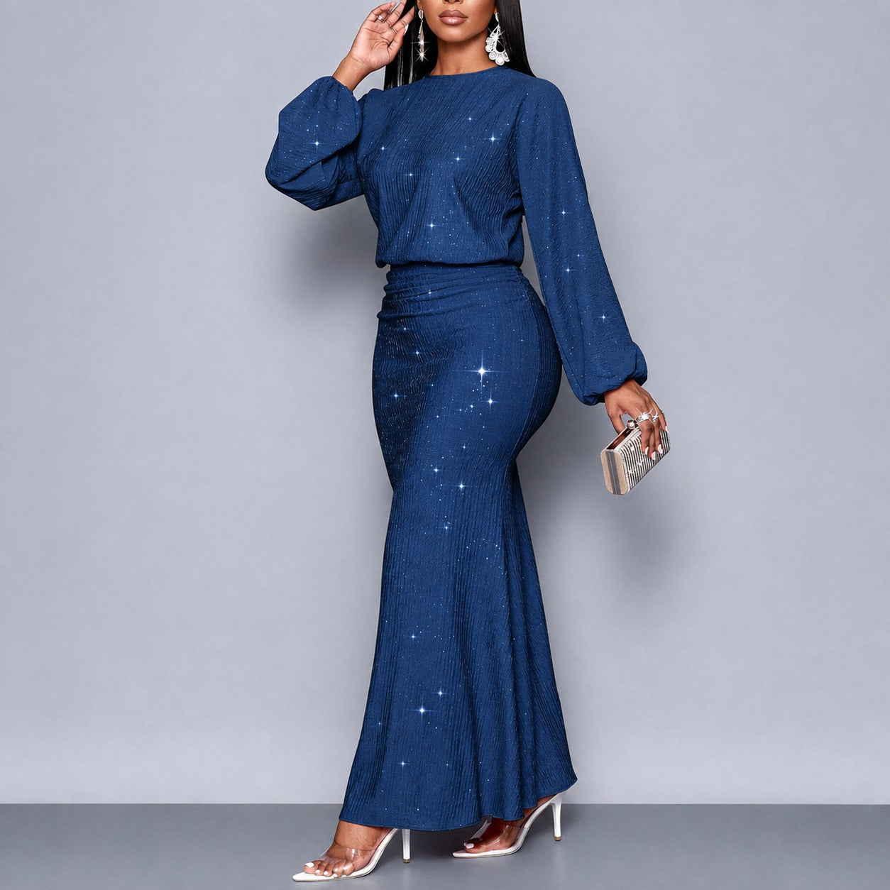 Vestido Longo Viviana™ com Efeito Cintilante, Cintura Marcada e Mangas Longas