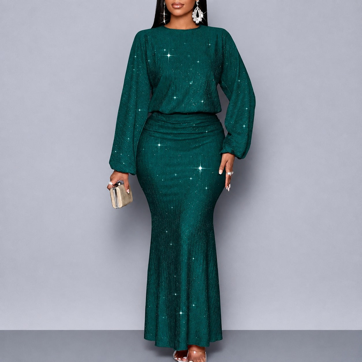 Vestido Longo Viviana™ com Efeito Cintilante, Cintura Marcada e Mangas Longas
