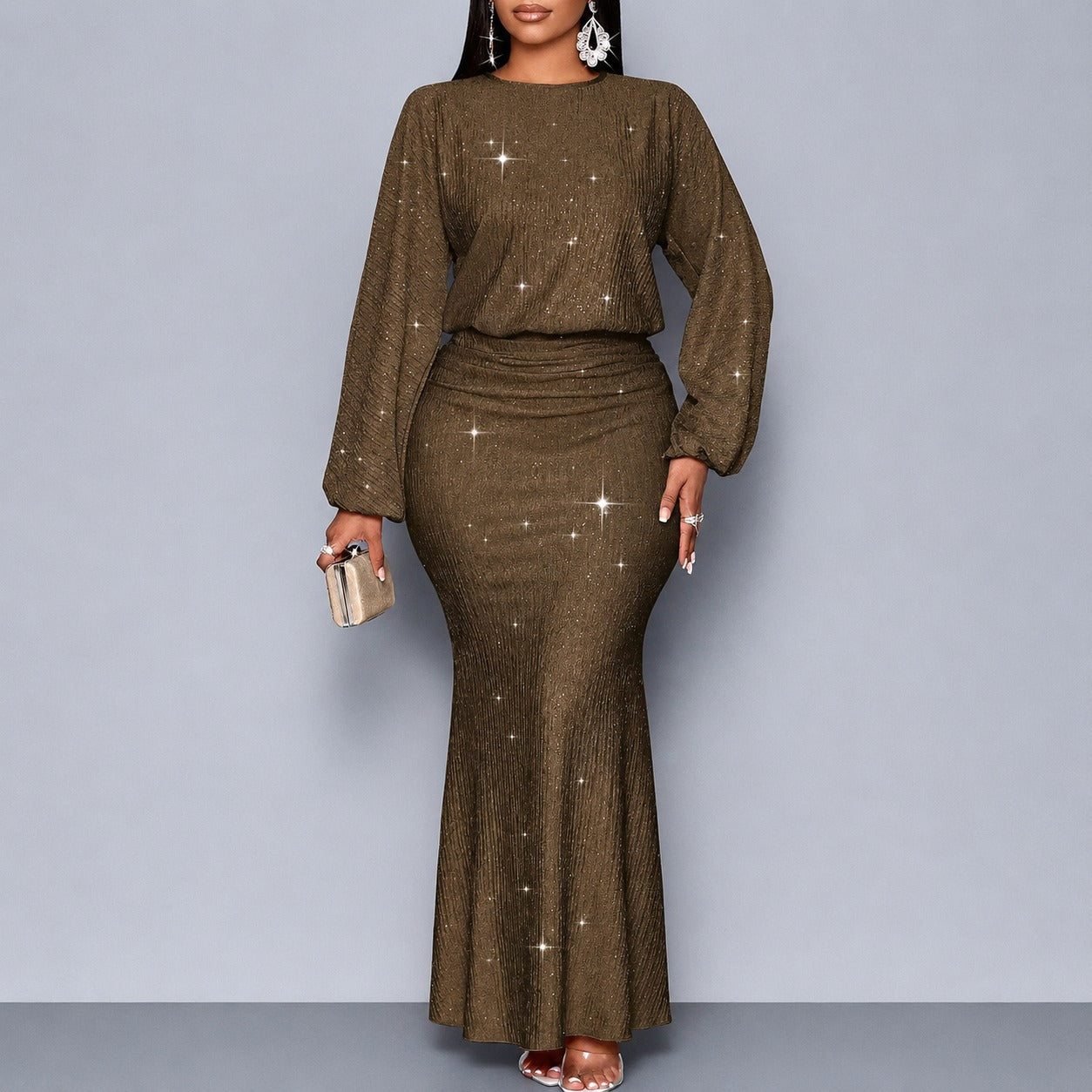 Vestido Longo Viviana™ com Efeito Cintilante, Cintura Marcada e Mangas Longas