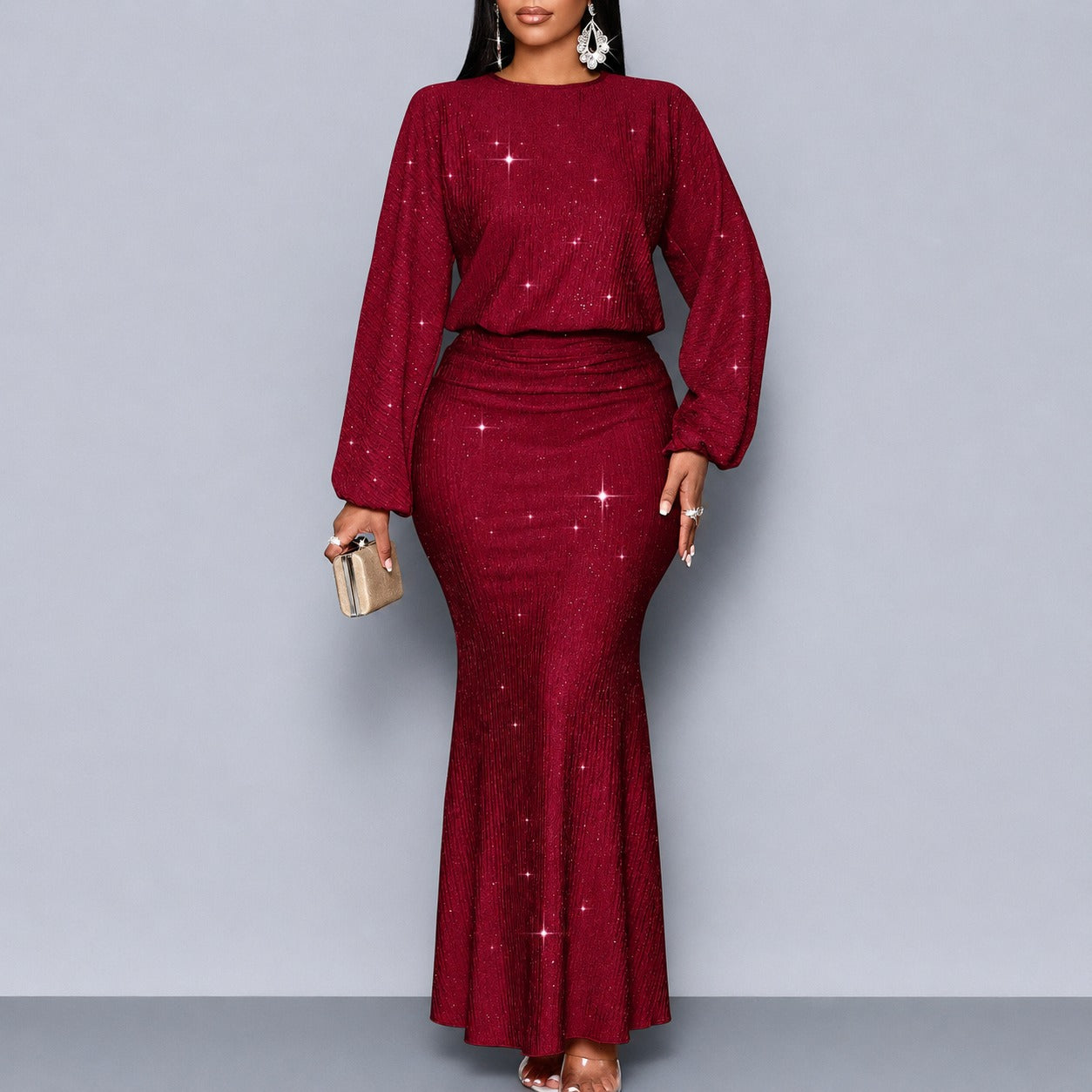 Vestido Longo Viviana™ com Efeito Cintilante, Cintura Marcada e Mangas Longas