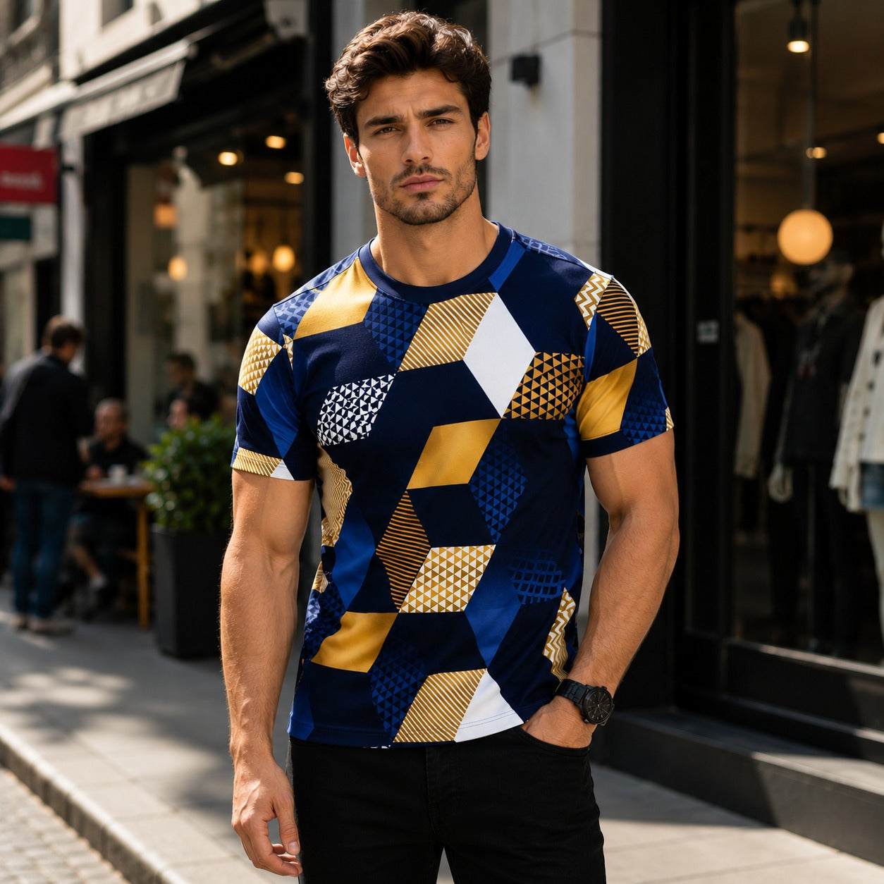 Camiseta Domênico™ com Estampa Geométrica e Gola Redonda / Um Visual Contemporâneo Fácil de Combinar no Dia a Dia.