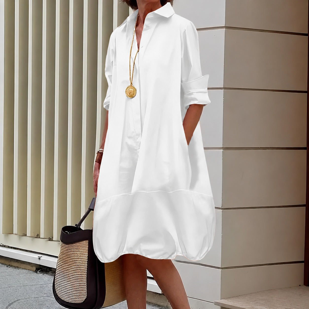 Vestido Chemise Amabile™ com Modelagem Ampla e Barra Balonê