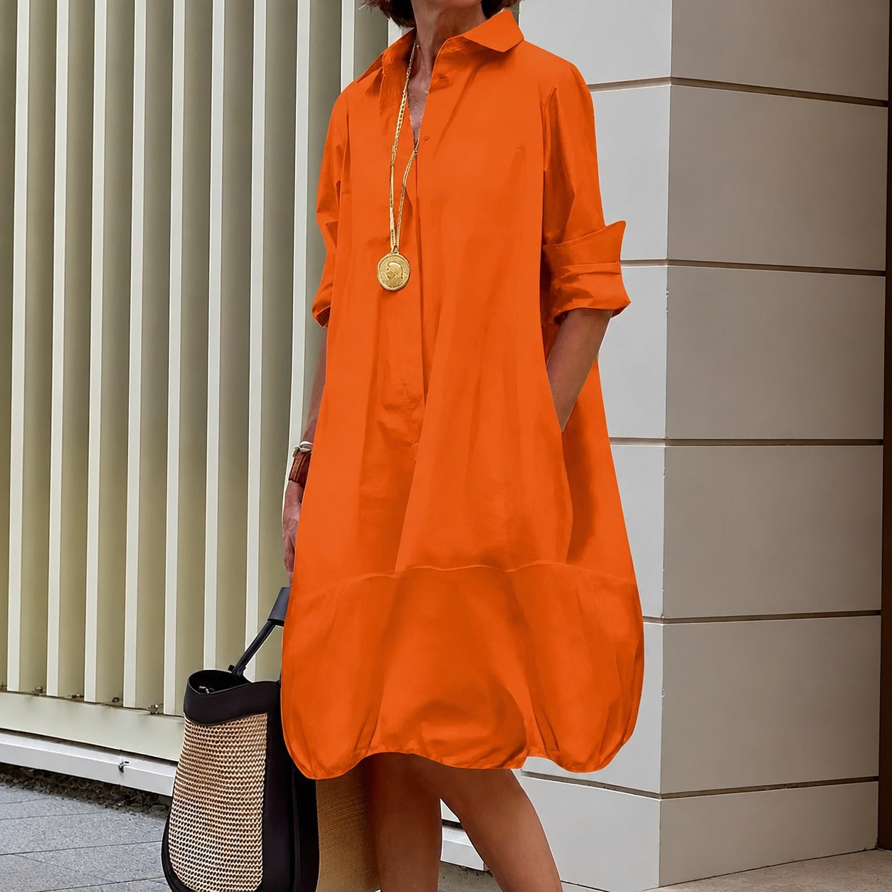 Vestido Chemise Amabile™ com Modelagem Ampla e Barra Balonê