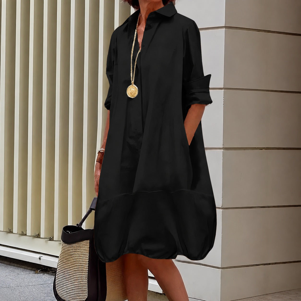 Vestido Chemise Amabile™ com Modelagem Ampla e Barra Balonê