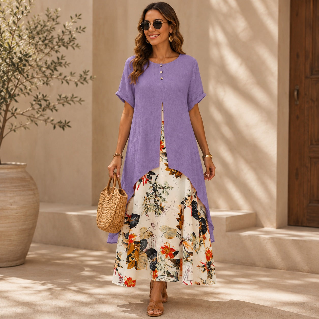 Vestido Elisabeth™ Efeito Duas Peças com Sobreposição Alongada e Saia Floral