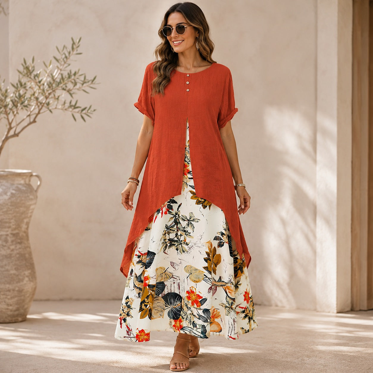 Vestido Elisabeth™ Efeito Duas Peças com Sobreposição Alongada e Saia Floral