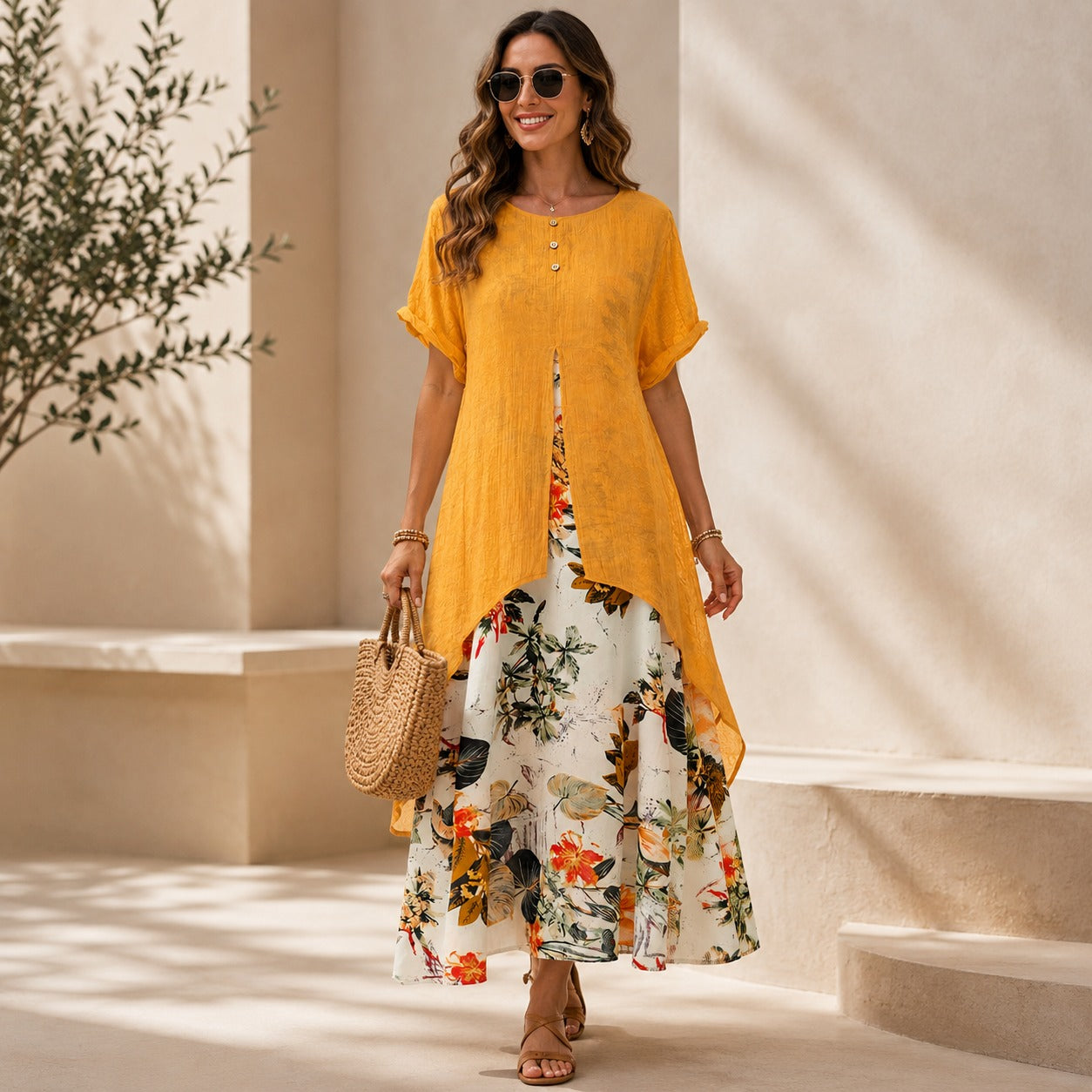 Vestido Elisabeth™ Efeito Duas Peças com Sobreposição Alongada e Saia Floral