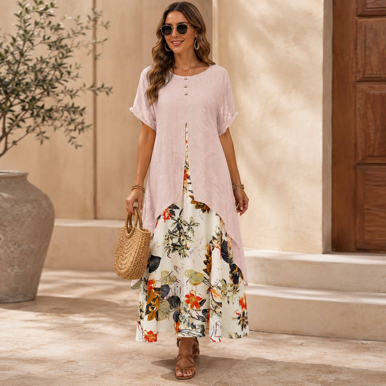 Vestido Elisabeth™ Efeito Duas Peças com Sobreposição Alongada e Saia Floral
