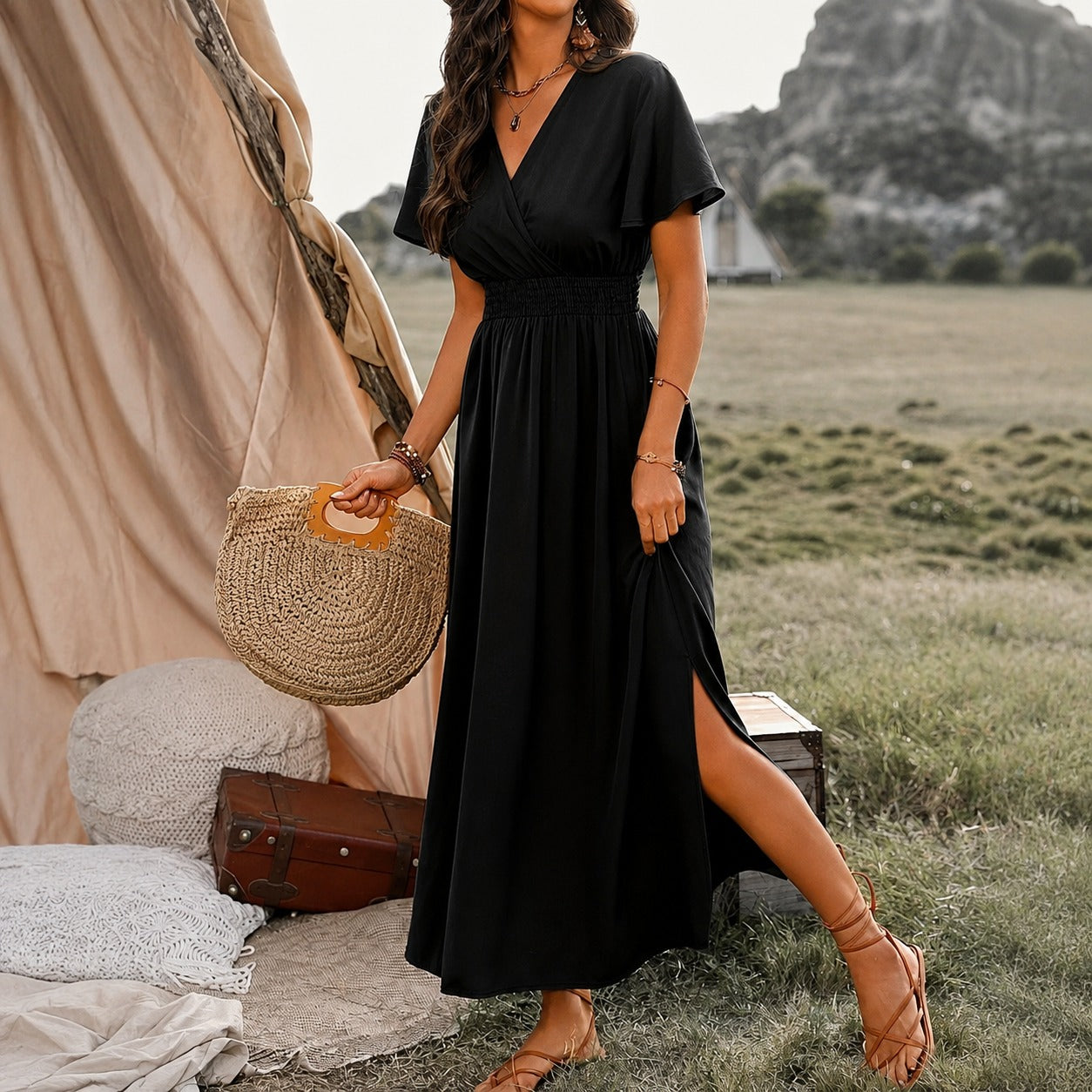 Vestido Mavie™ com Decote Transpassado e Cintura Ajustada com Lastex / Proporções que Valorizam a Silhueta sem Pesar no Visual