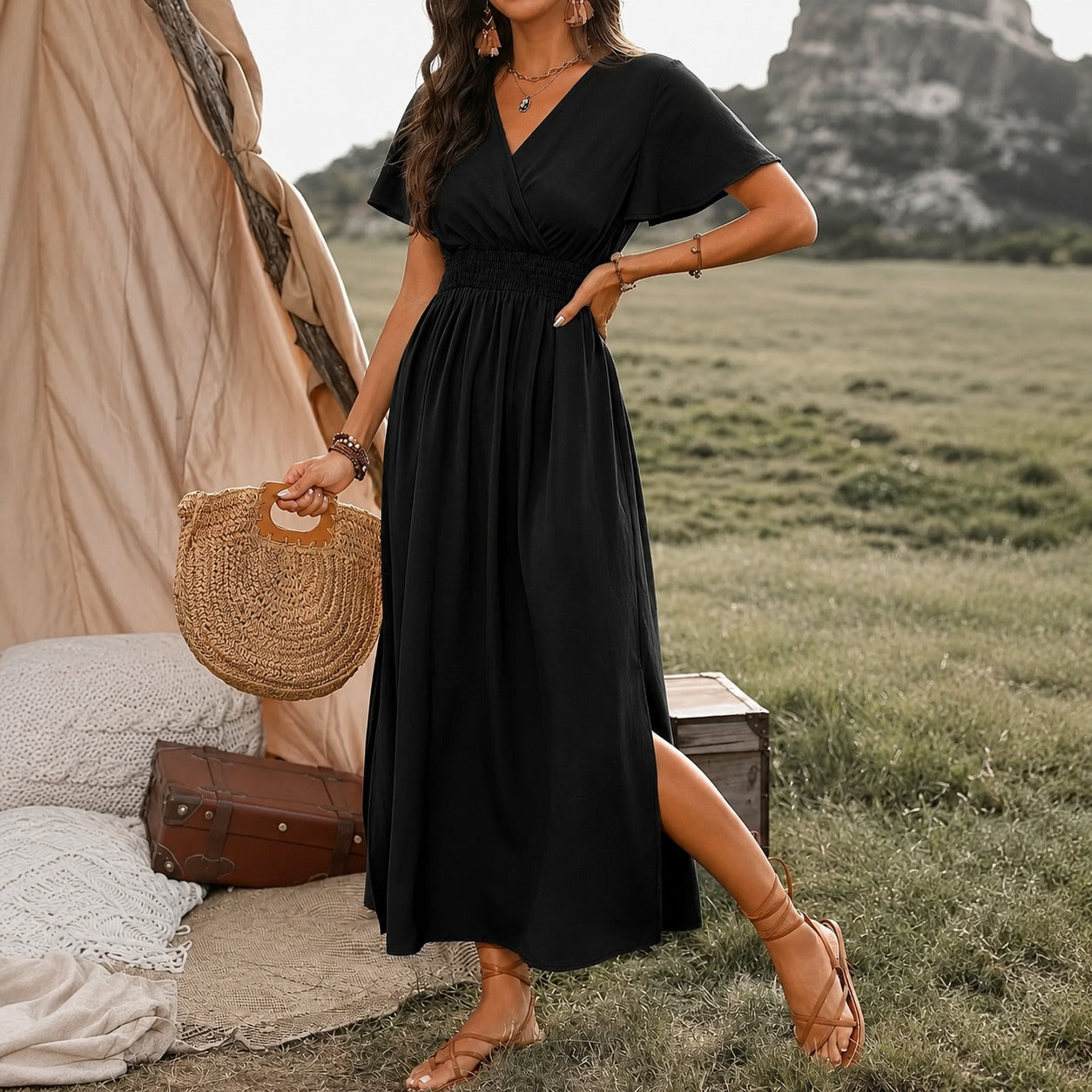 Vestido Mavie™ com Decote Transpassado e Cintura Ajustada com Lastex / Proporções que Valorizam a Silhueta sem Pesar no Visual