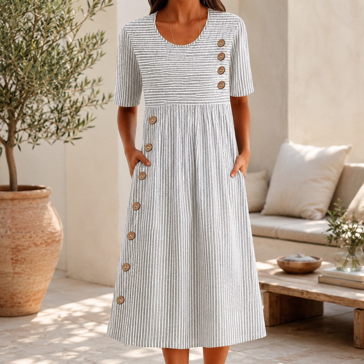 Vestido Elvanna™ com Estampa de Listras Delicadas e Botões Decorativos Chiques / Charme Retrô Para Um Visual Feminino