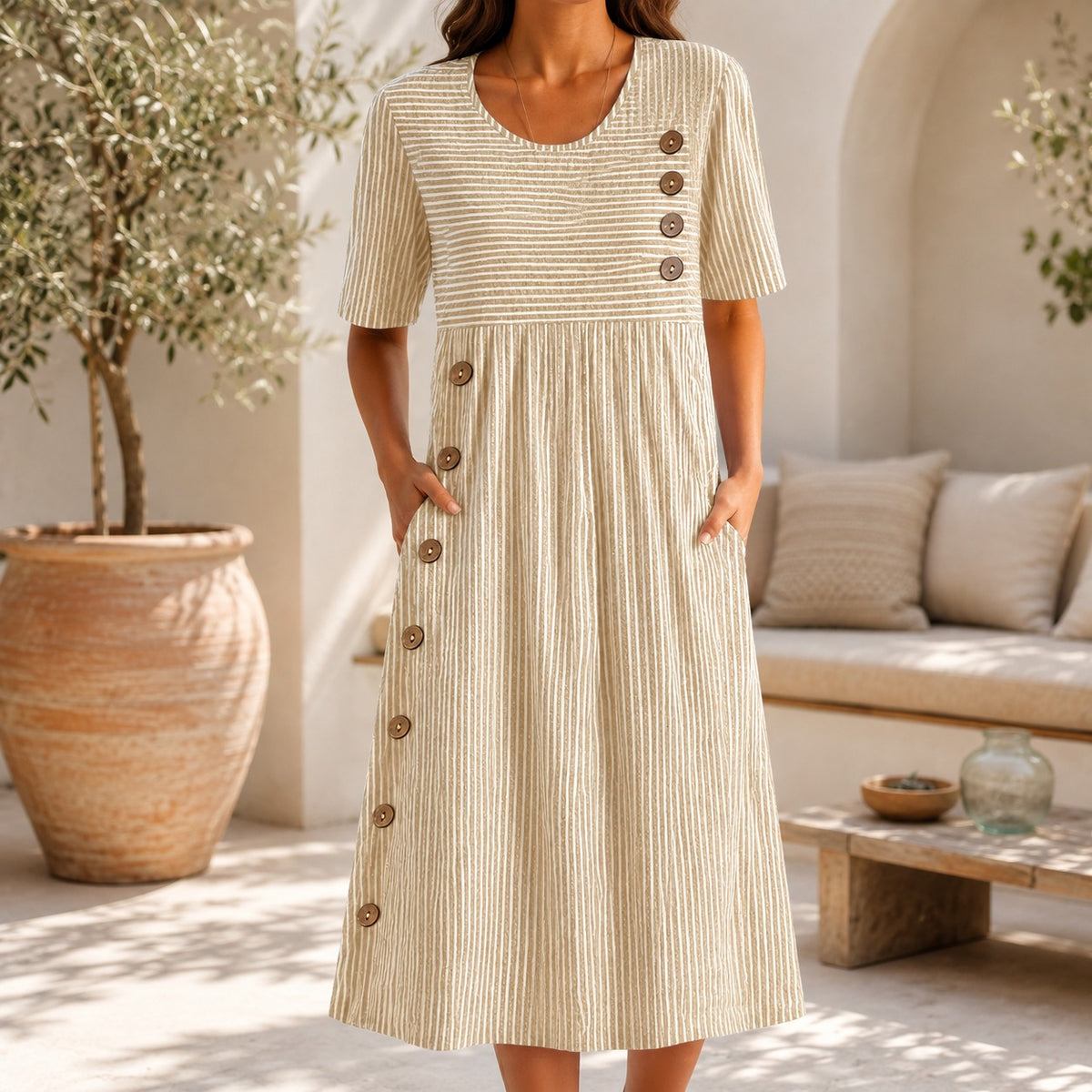 Vestido Elvanna™ com Estampa de Listras Delicadas e Botões Decorativos Chiques / Charme Retrô Para Um Visual Feminino