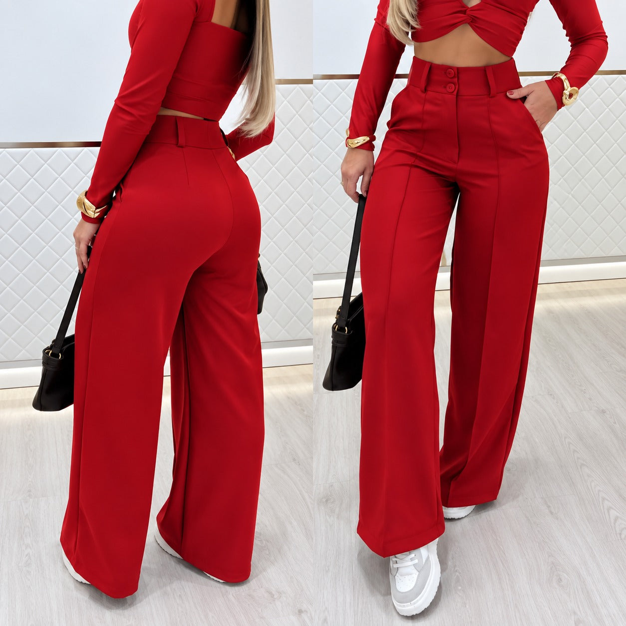 Calça Marcelie™ em Alfaiataria Premium com Cintura Alta e Modelagem Pantalona / Elegância Que Alonga a Silhueta