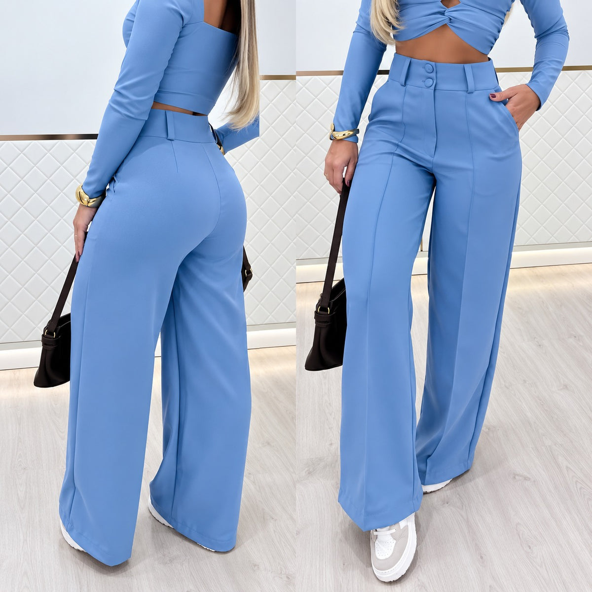 Calça Marcelie™ em Alfaiataria Premium com Cintura Alta e Modelagem Pantalona / Elegância Que Alonga a Silhueta