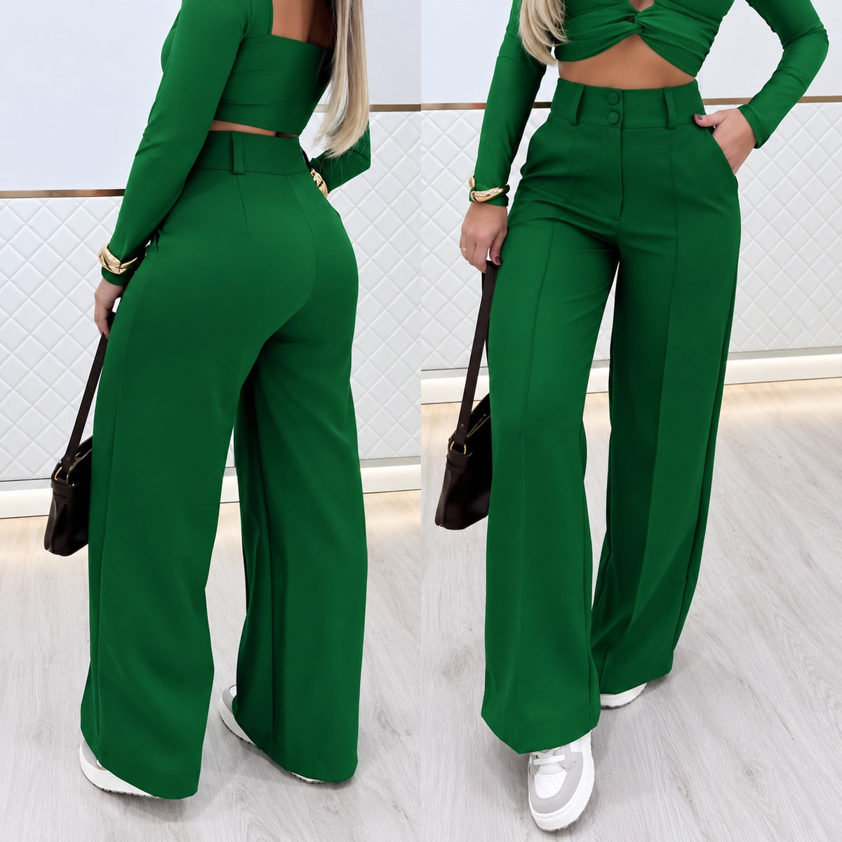 Calça Marcelie™ em Alfaiataria Premium com Cintura Alta e Modelagem Pantalona / Elegância Que Alonga a Silhueta