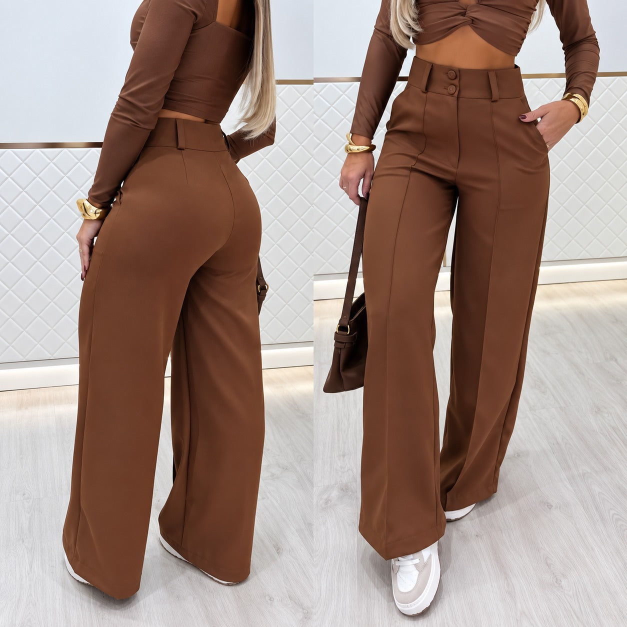 Calça Marcelie™ em Alfaiataria Premium com Cintura Alta e Modelagem Pantalona / Elegância Que Alonga a Silhueta