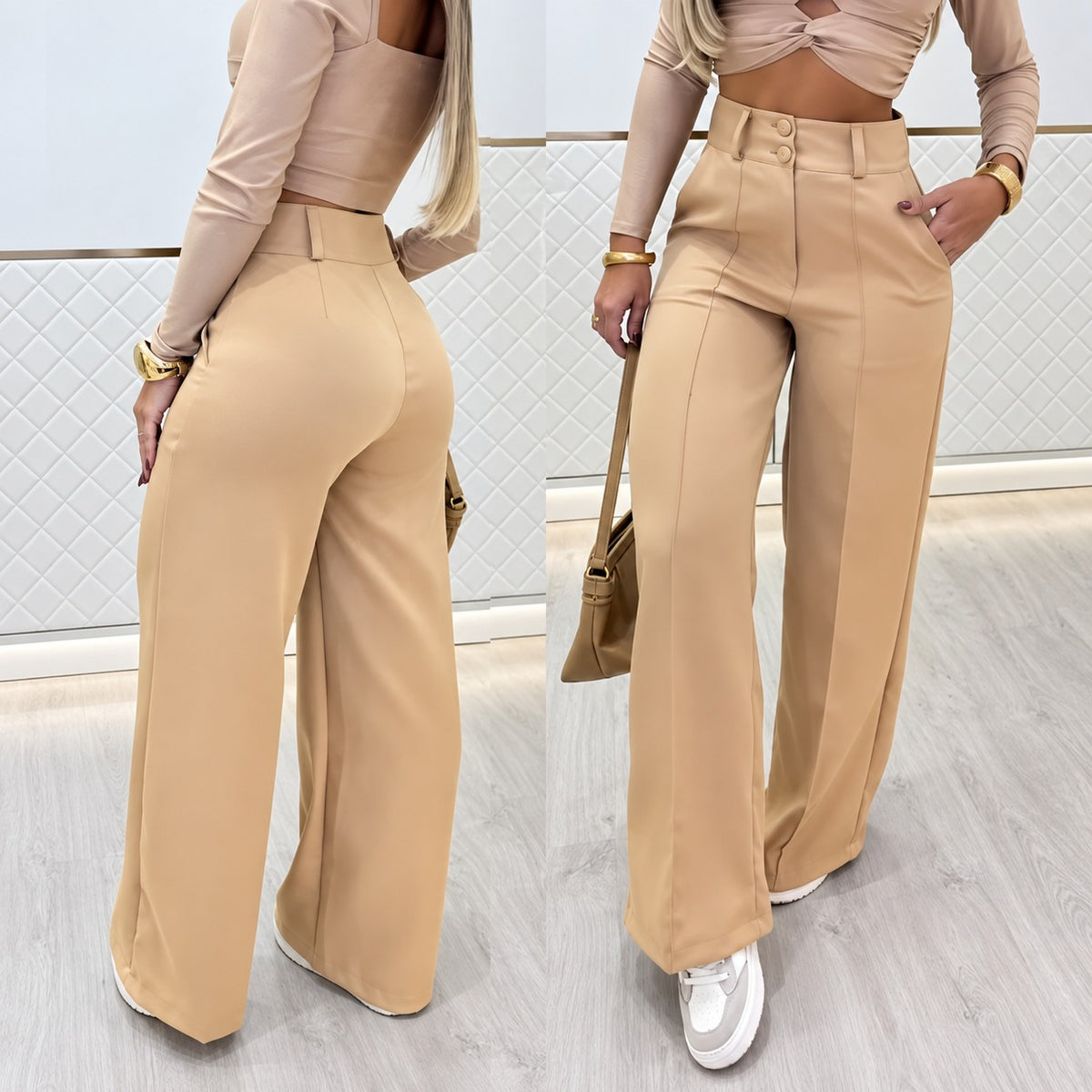Calça Marcelie™ em Alfaiataria Premium com Cintura Alta e Modelagem Pantalona / Elegância Que Alonga a Silhueta