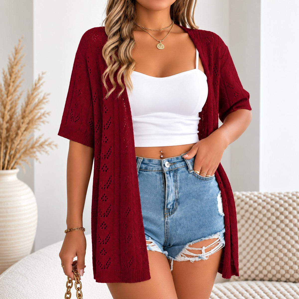 Cardigan Melina™ com Design Minimalista e Detalhes Vazados / O Complemento Perfeito Para Looks De Verão