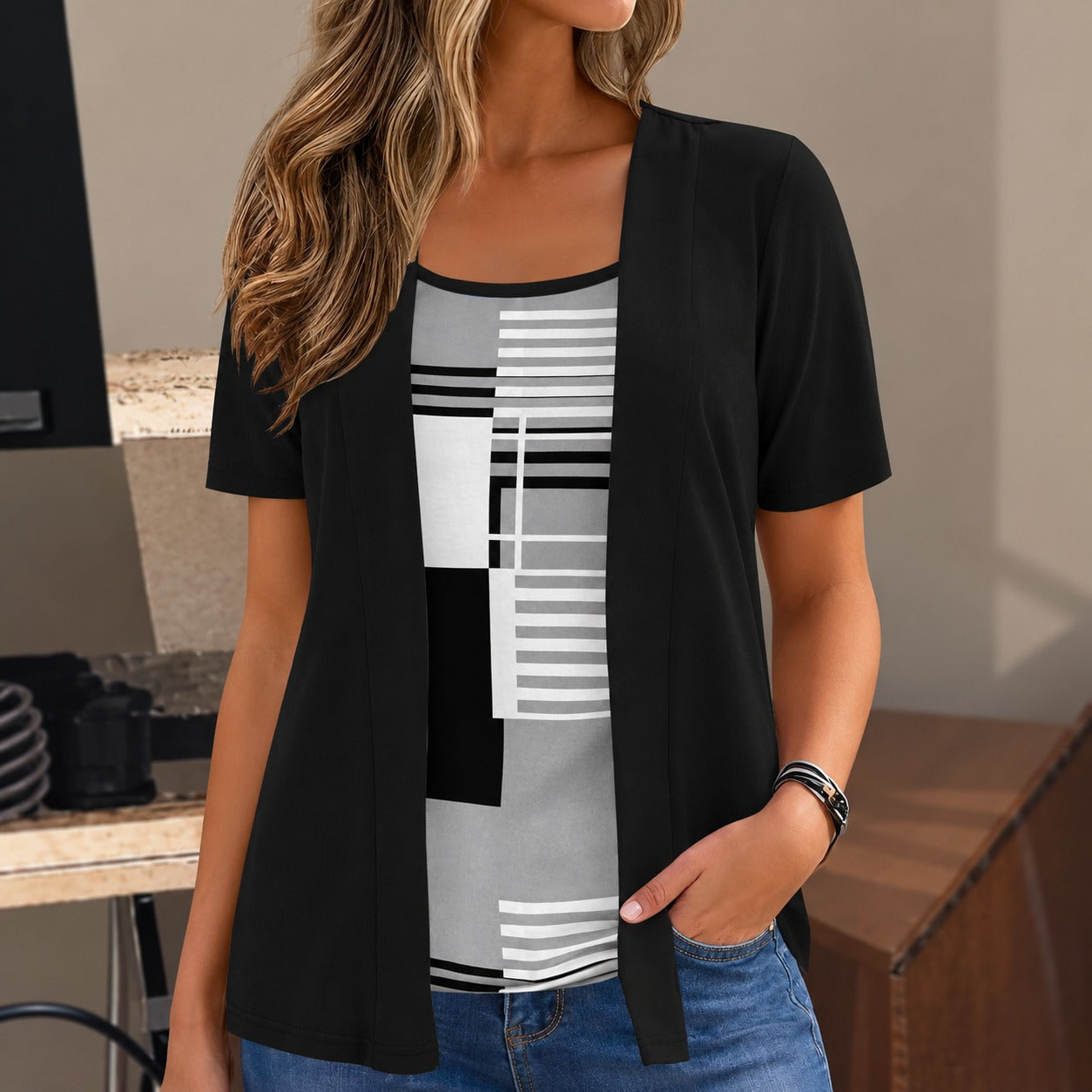 Blusa Clarice™ 2 em 1 com Efeito de Sobreposição Aberta e Estampa Geométrica / Duas Camadas em um Visual Moderno