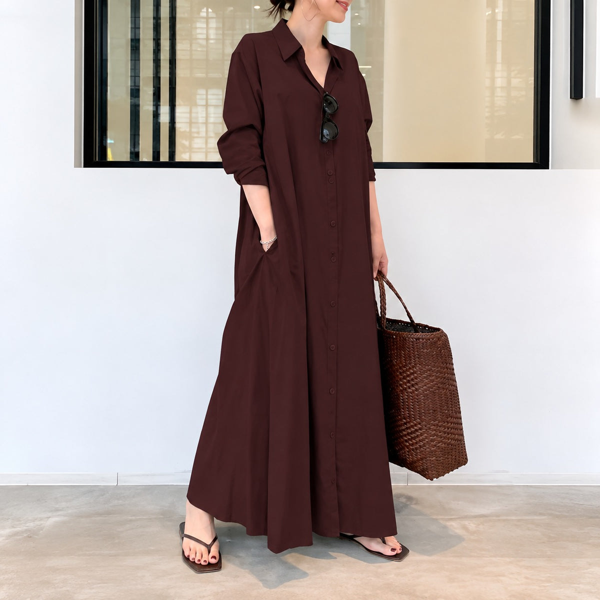 Vestido Débora™ em Linho de Algodão com Gola de Camisa, Botões Frontais e Modelagem Ampla