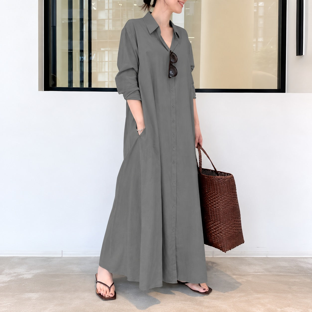 Vestido Débora™ em Linho de Algodão com Gola de Camisa, Botões Frontais e Modelagem Ampla