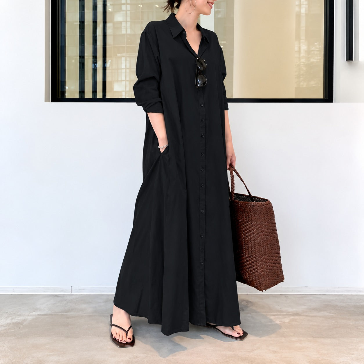 Vestido Débora™ em Linho de Algodão com Gola de Camisa, Botões Frontais e Modelagem Ampla
