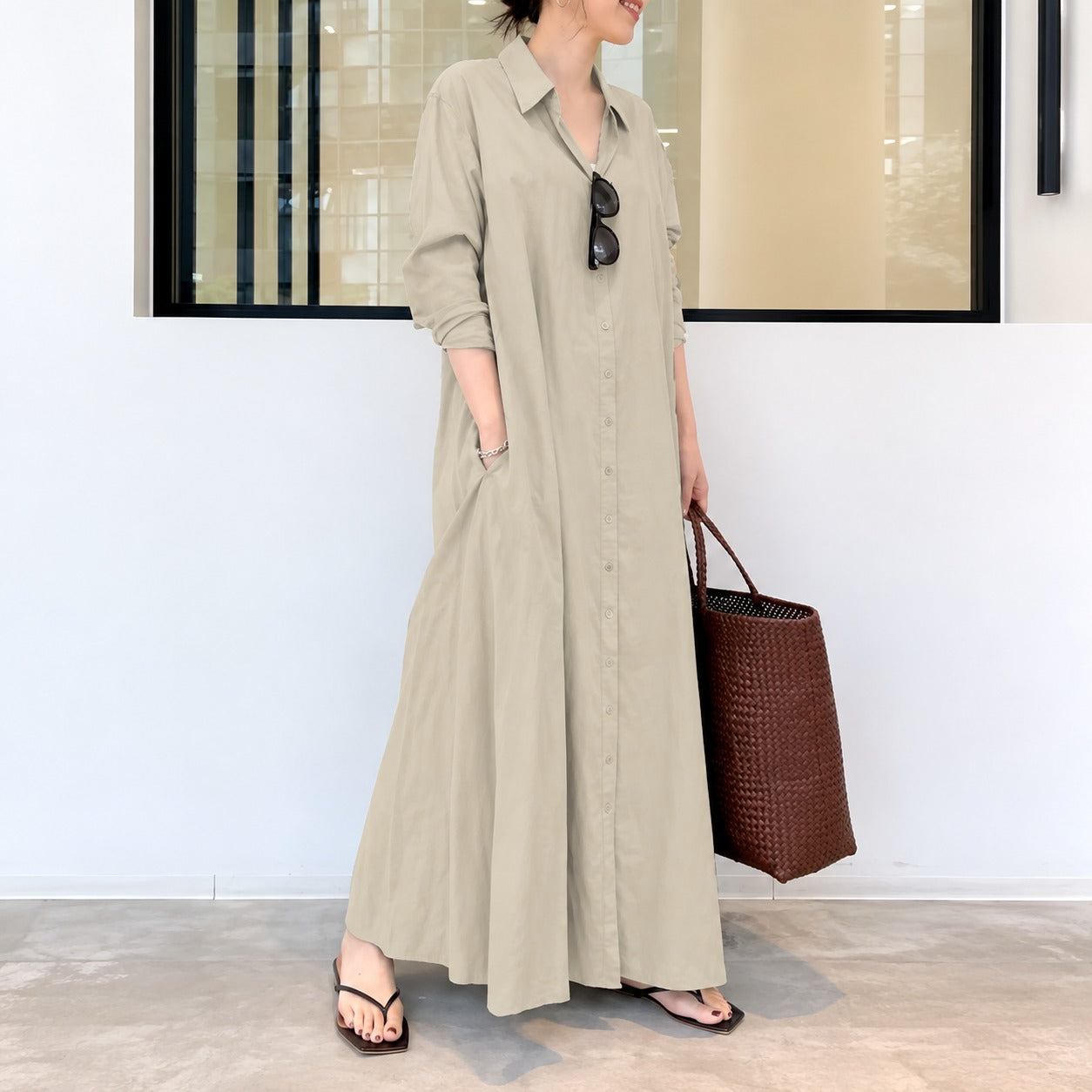 Vestido Débora™ em Linho de Algodão com Gola de Camisa, Botões Frontais e Modelagem Ampla
