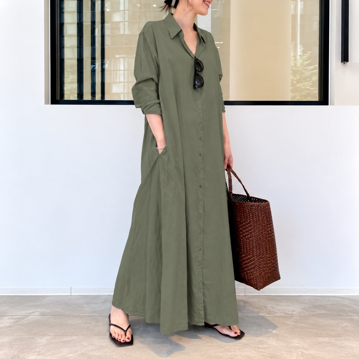 Vestido Débora™ em Linho de Algodão com Gola de Camisa, Botões Frontais e Modelagem Ampla