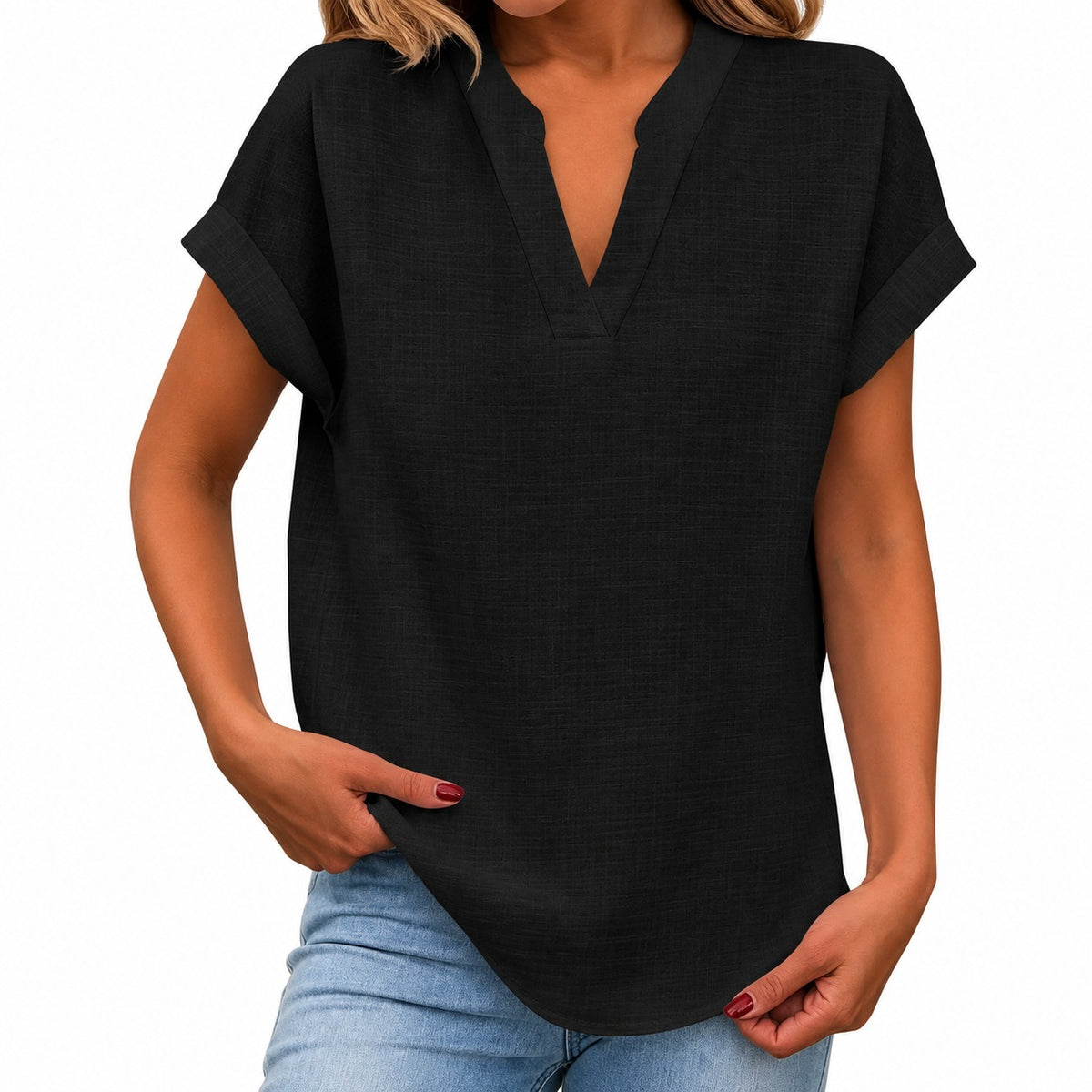 Blusa Maíra™ com Mangas Curtas Dobradas e Barra Arredondada / Uma escolha prática para dias quentes, passeios e viagens