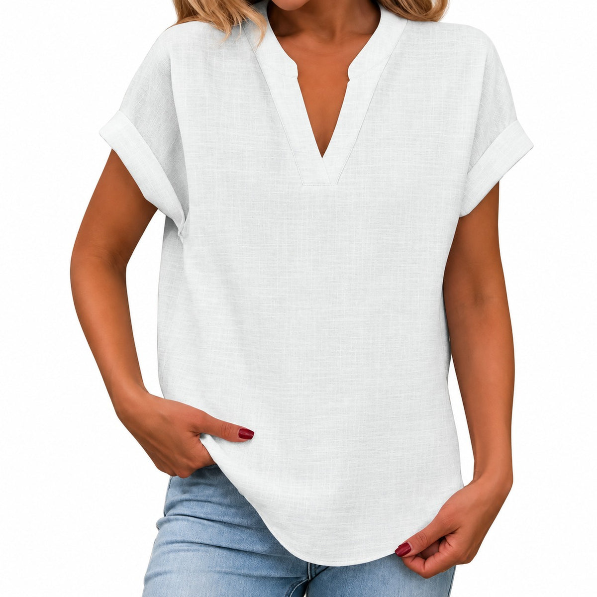 Blusa Maíra™ com Mangas Curtas Dobradas e Barra Arredondada / Uma escolha prática para dias quentes, passeios e viagens