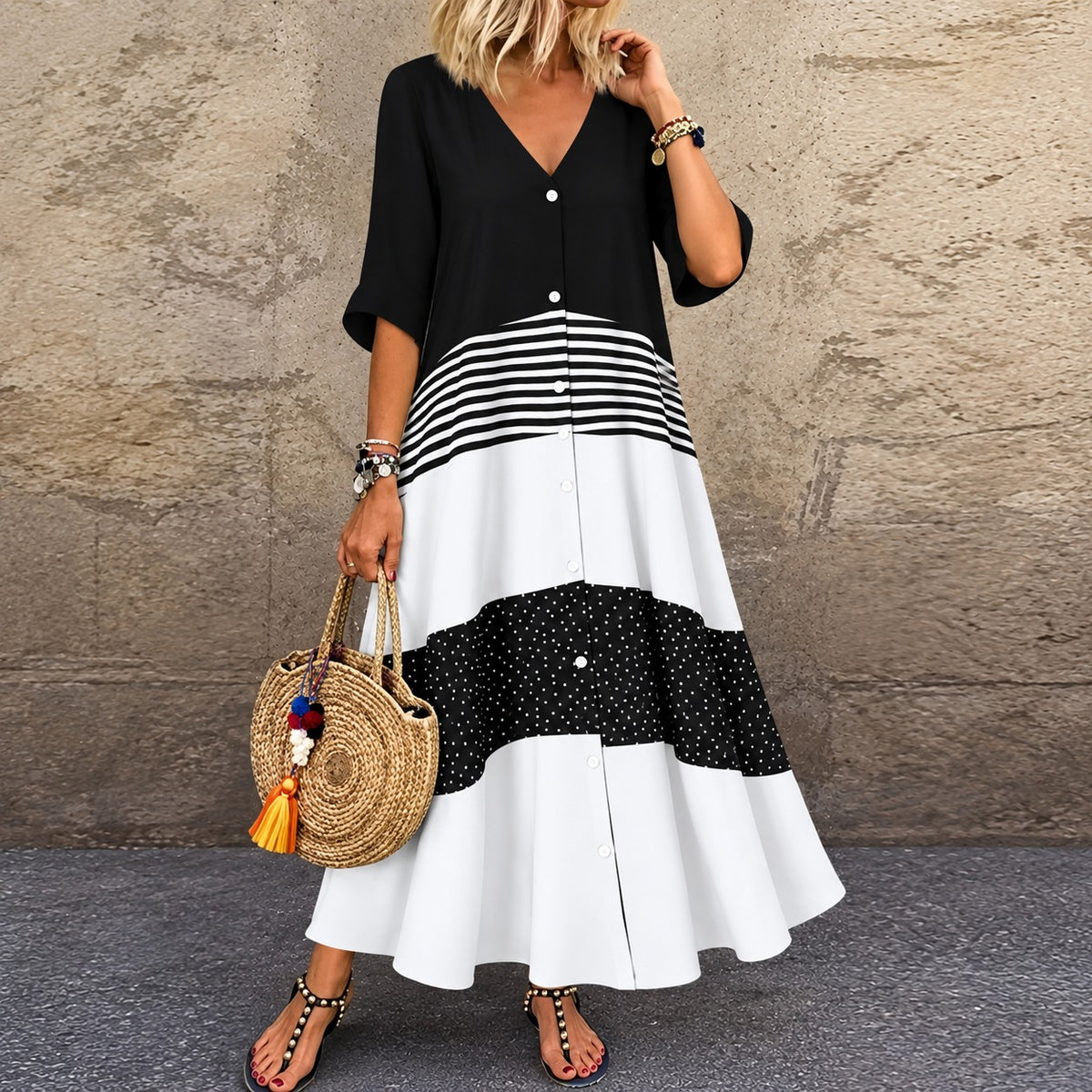 Vestido Lavinia™ com Estampa em Blocos Contrastantes e Botões Frontais