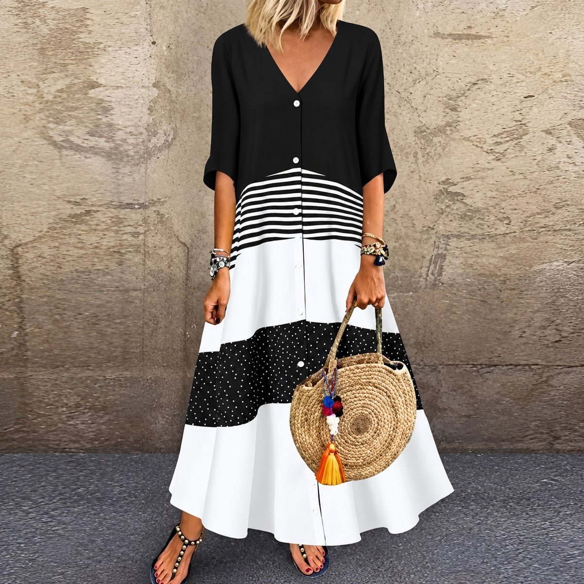 Vestido Lavinia™ com Estampa em Blocos Contrastantes e Botões Frontais