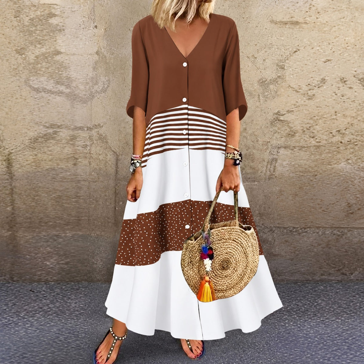 Vestido Lavinia™ com Estampa em Blocos Contrastantes e Botões Frontais