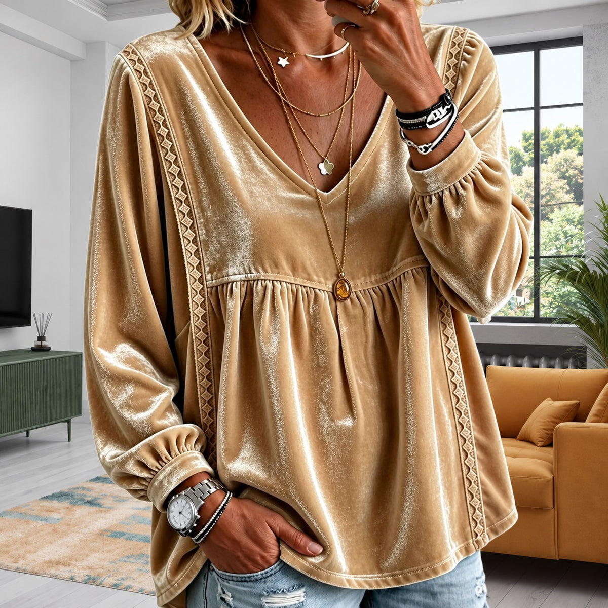 Blusa Stefania™ com Decote V e Detalhes Geométricos / Feminilidade em Linhas Delicadas