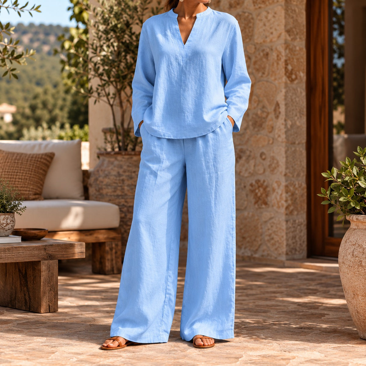 Conjunto Arezia™ com Blusa de Manga Longa e Calça Pantalona Ampla / Um Look Inteiro Resolvido com Leveza e Elegância