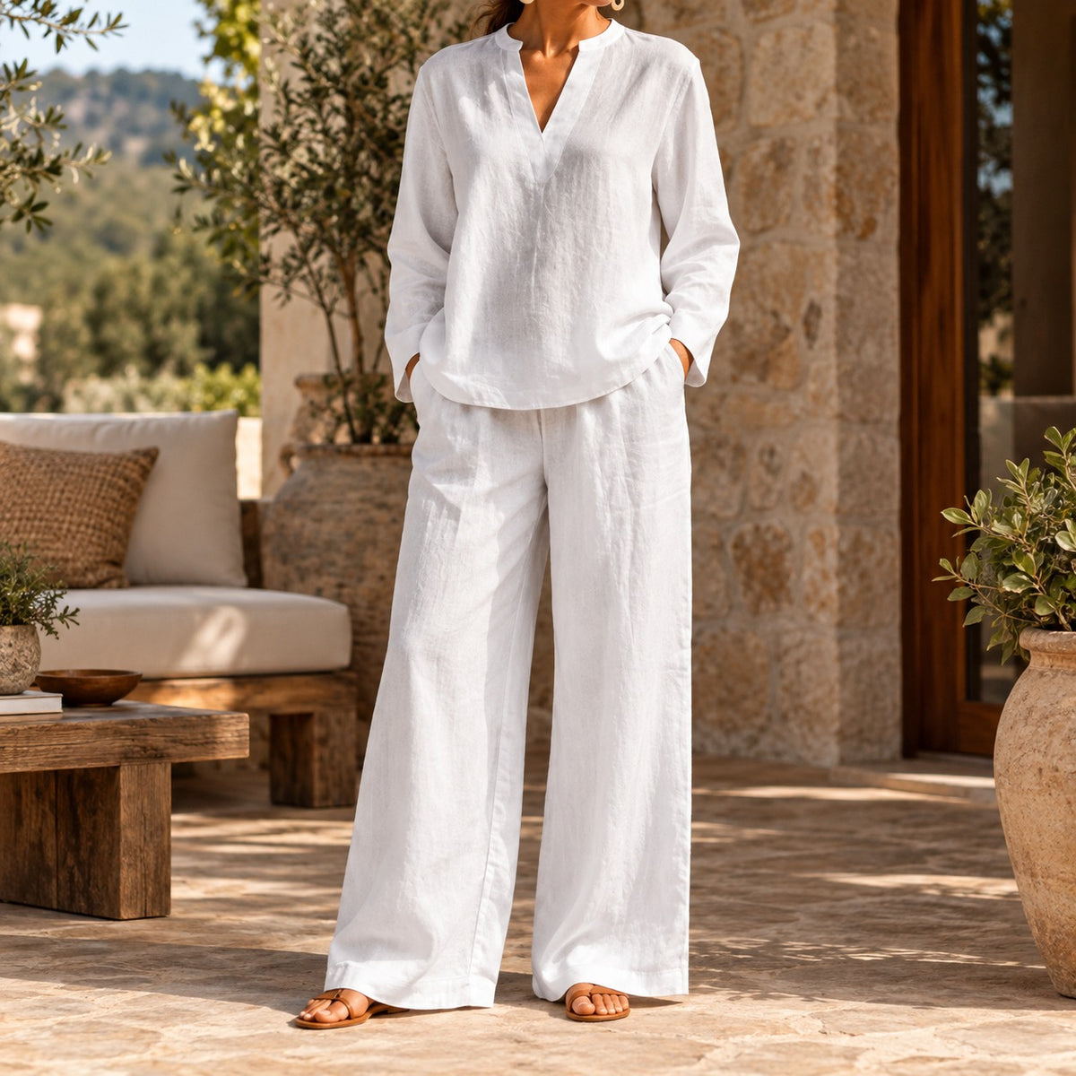 Conjunto Arezia™ com Blusa de Manga Longa e Calça Pantalona Ampla / Um Look Inteiro Resolvido com Leveza e Elegância